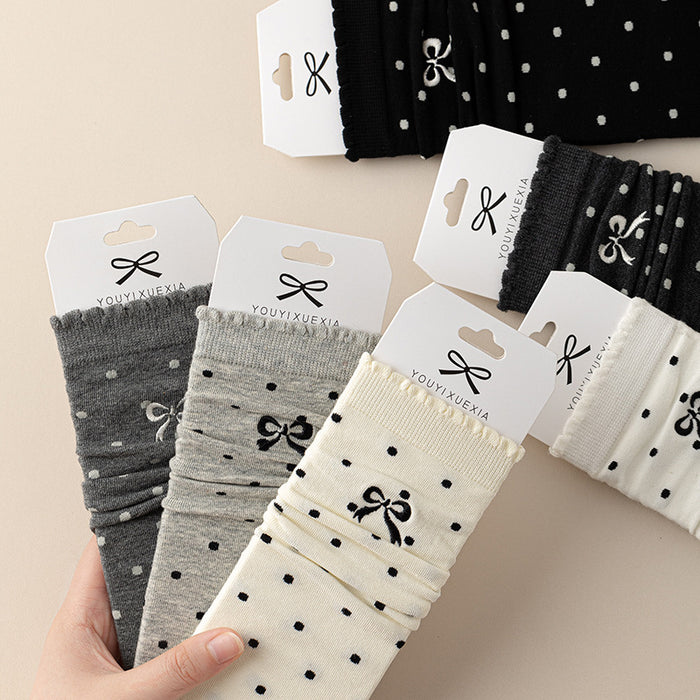 Wholesale Boneless socks, polka dot pile socks, versatile and cute butterfly knot mid tube socks