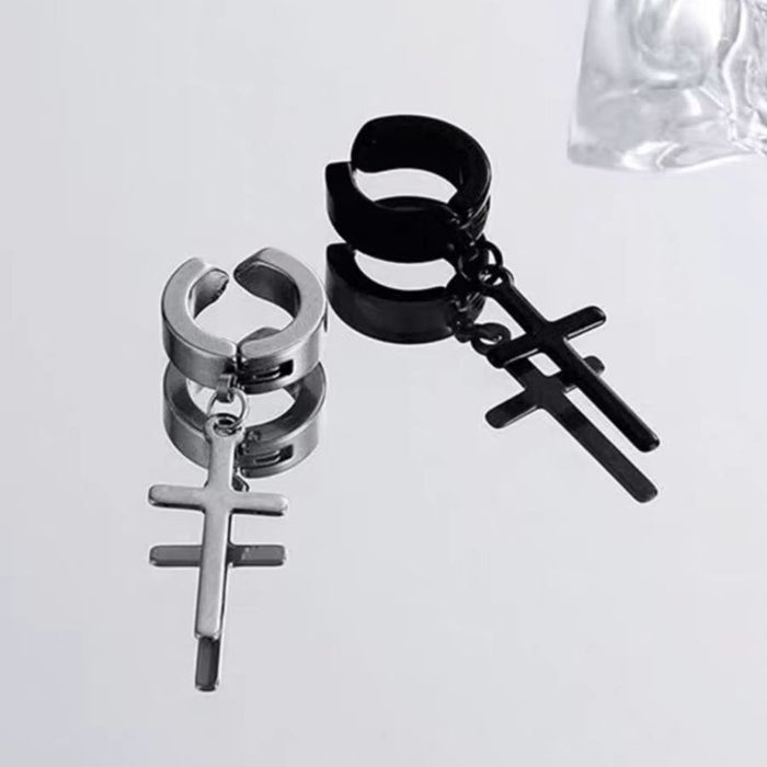 Wholesale Stainless steel cross earrings with niche design, no ear holes, ear clips, cool style, boys' earrings