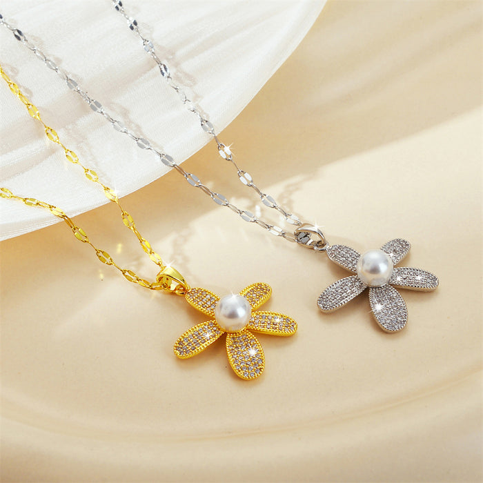 Wholesale Gas pearl micro inlaid zircon flower accessory titanium steel fashionable collarbone chain
