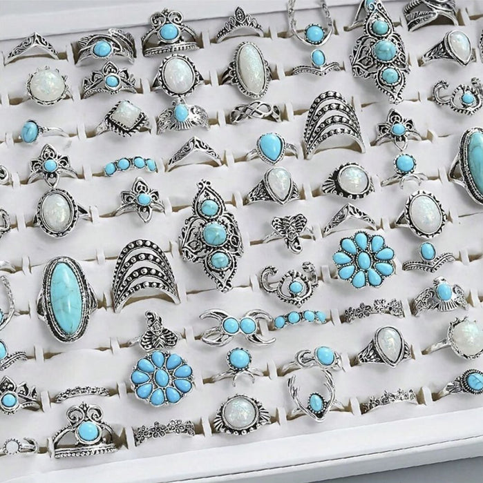 Wholesale 2pcs Ethnic Style Flower Turquoise Vintage Ring Set