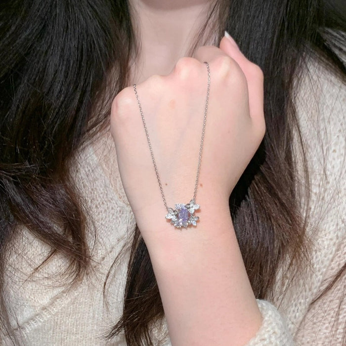 Wholesale Light luxury high-end purple diamond necklace with full diamond inlay, niche unique design, versatile temperament, collarbone chain