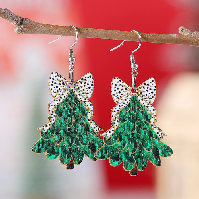 Wholesale Christmas cow print bow Christmas tree drop earrings