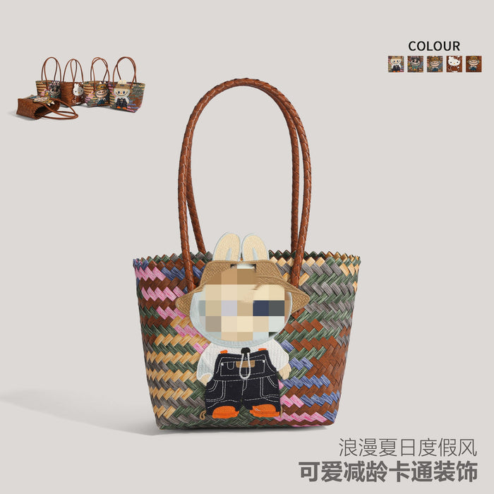 Wholesale  Summer Cartoon Woven Bag Large Capacity Work Bag Hand Woven Vegetable Basket Women' s Shoulder Bag
