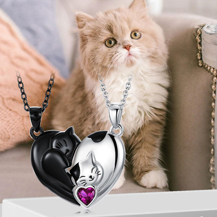 Wholesale Valentine' s Day Couple Patchwork Heart Black and White Cute Cat Necklace