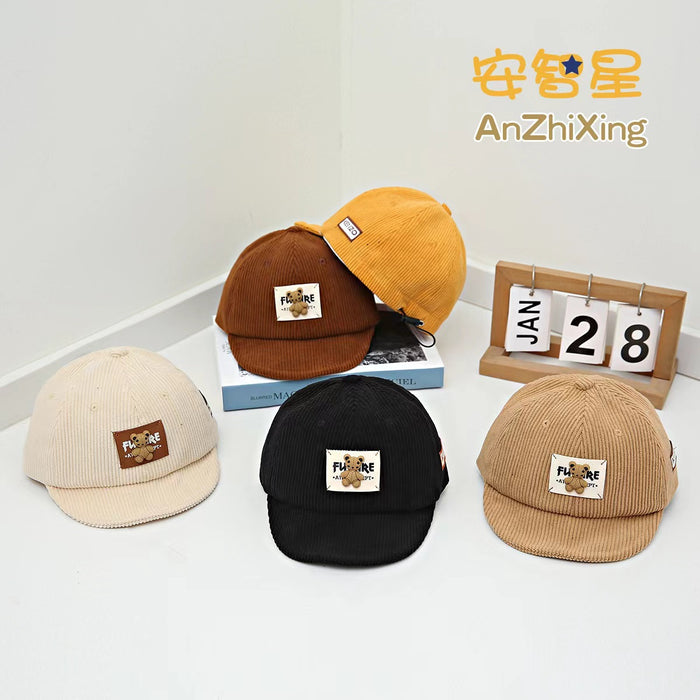 Wholesale thick corduroy cartoon bear logo simple children' s soft-brimmed hat baby cap