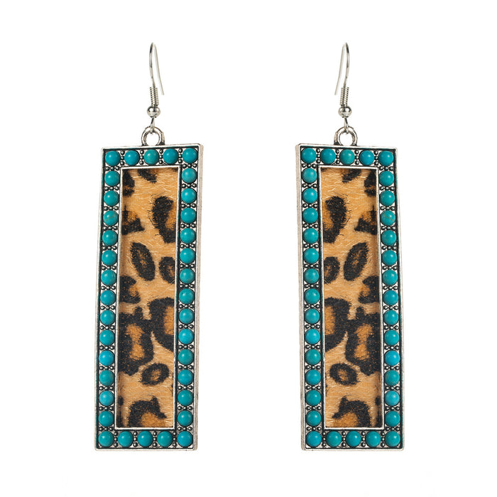 Wholesale Diamond-Encrusted Pink Turquoise Sequin Leopard Print Leather Earrings New Retro Elegant Earrings for Women