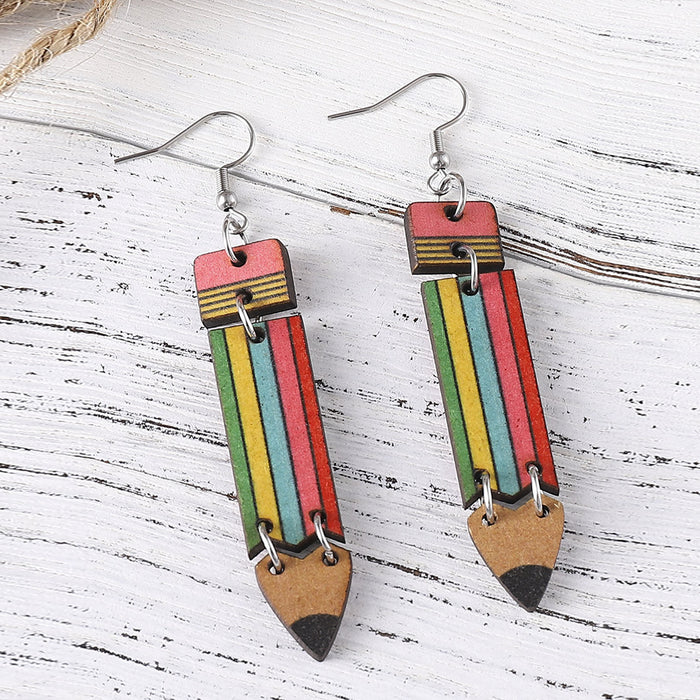 Wholesale Teaching learning rainbow pencil double-sided wooden earrings graduation season back to school season student teacher earrings