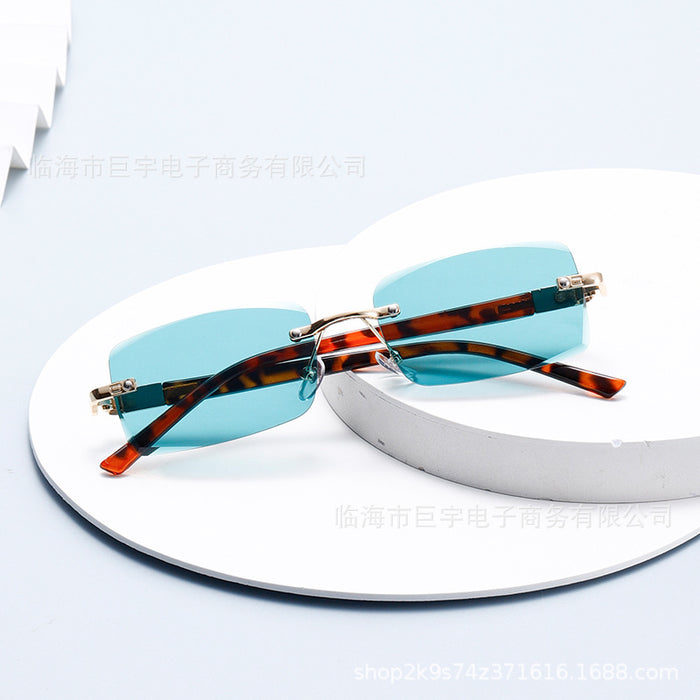 Wholesale Wood grain temple metal frameless sunglasses, irregular square trendy sunglasses