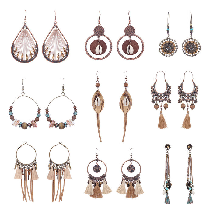 Wholesale Bohemian Tassel Long Dangle Earrings Set Mixed Material Jewelry Accessory Boutique Resale