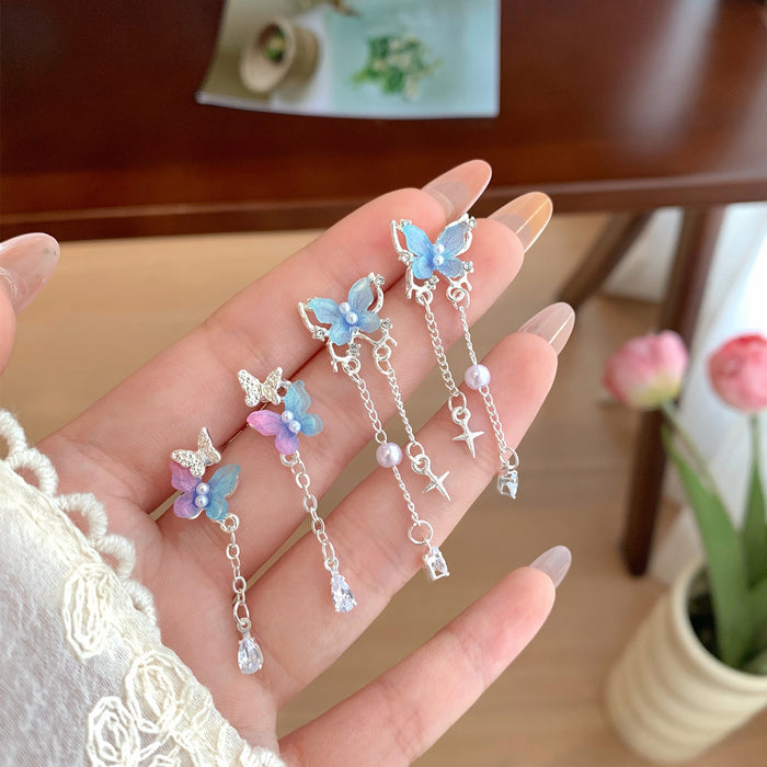 Wholesale Resin pearl butterfly earrings with tassels and silver needles, sweet temperament, light luxury, high-end feel, versatile earrings