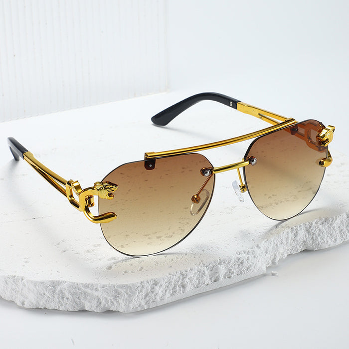 Wholesale Borderless leopard head double beam sunglasses with personalized cut edges, trendy and versatile sunglasses
