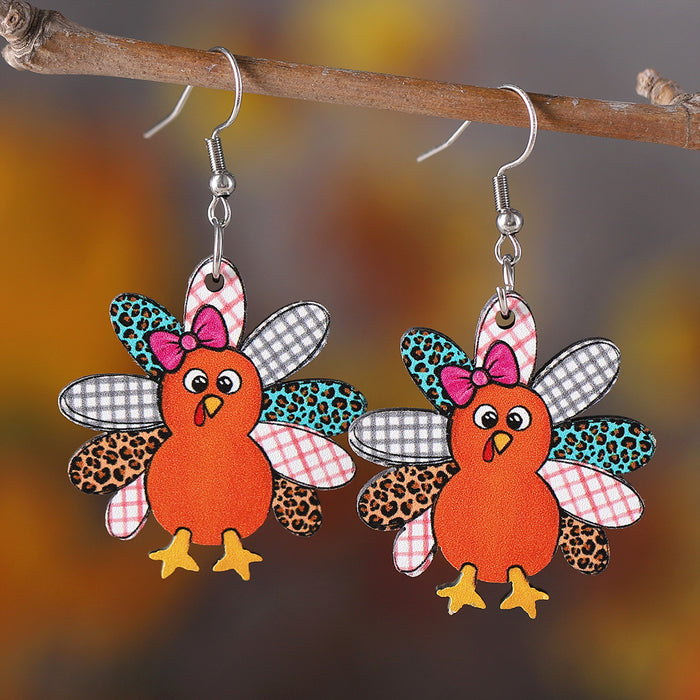 Wholesale Harvest Thanksgiving Cute Turkey Water Drop Hollow Pendant Earrings Wooden Double-Sided Earrings