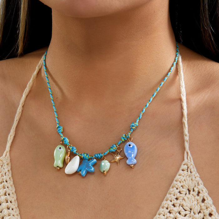 Wholesale Ocean Layered Multi-Color Ceramic Bead Necklace with Seashell and Starfish Charm