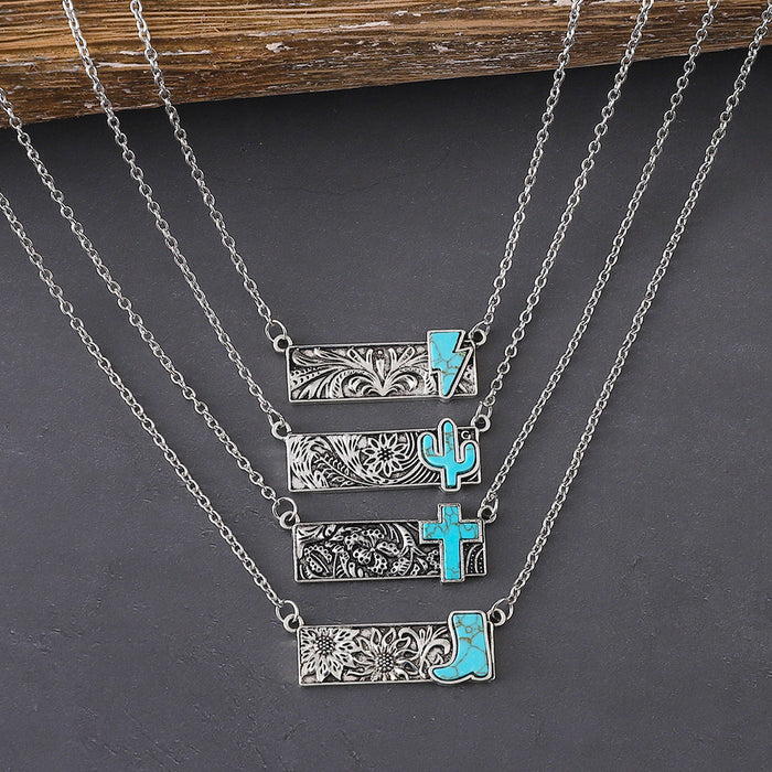 Wholesale 2pcs retro square turquoise bohemian style necklace