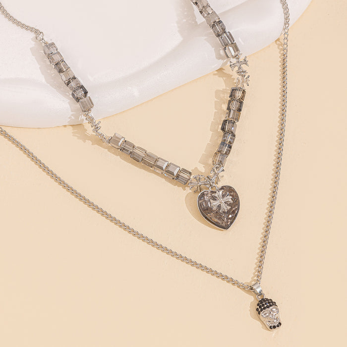 Wholesale Personalized and versatile skull pendant necklace with exaggerated layering, metal heart cross, men's necklace