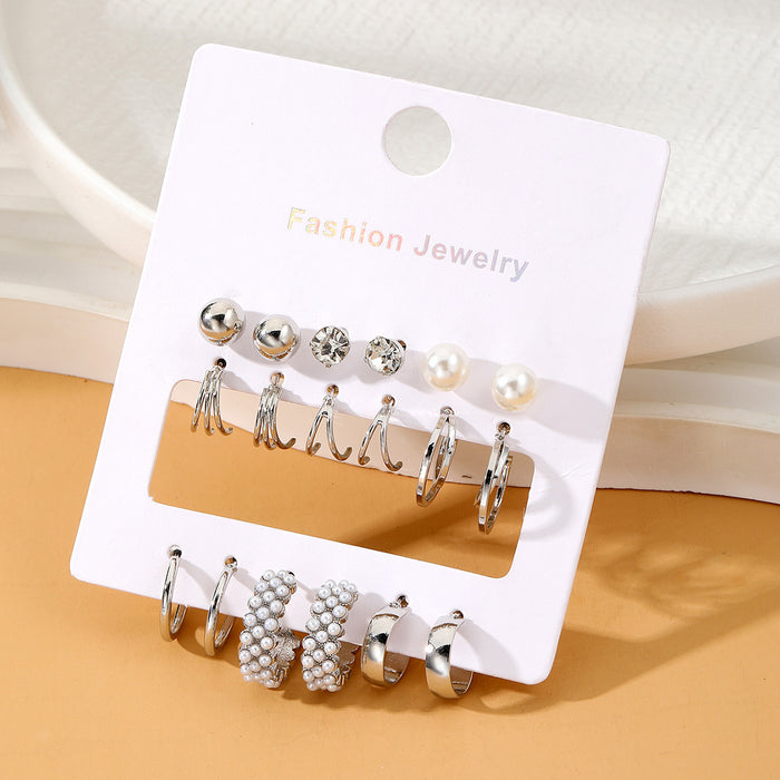 Wholesale 6-piece geometric pearl and diamond statement earring set