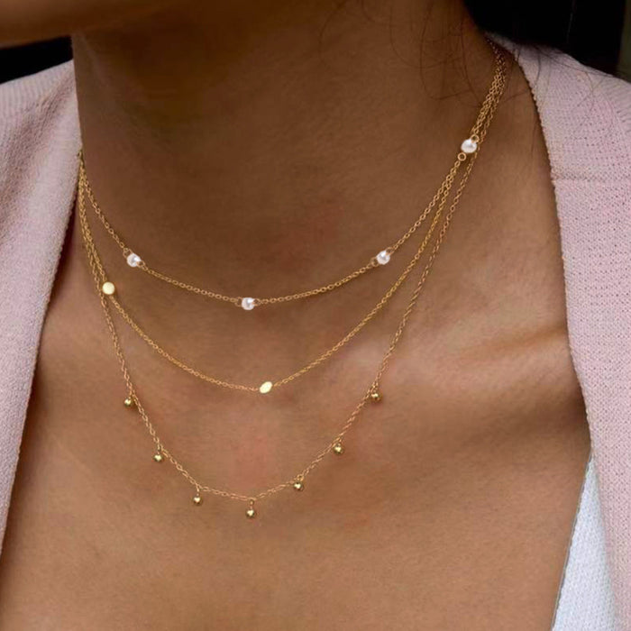 Wholesale Versatile jewelry, pearl discs, small round beads, three-layer necklace, light luxury, high-end feel