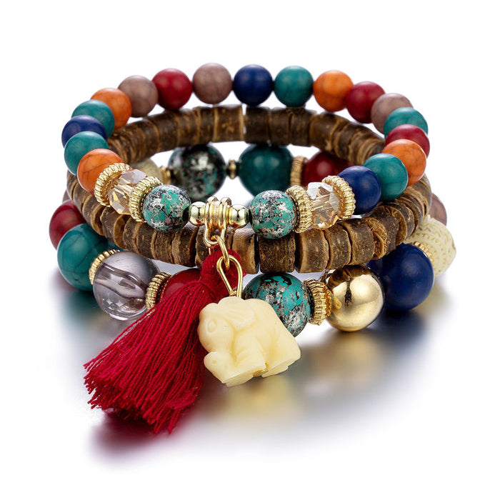 Wholesale Ethnic Style Elephant Tassel Wooden Beads Multi-layer Bracelet JDC-BT-NHong012