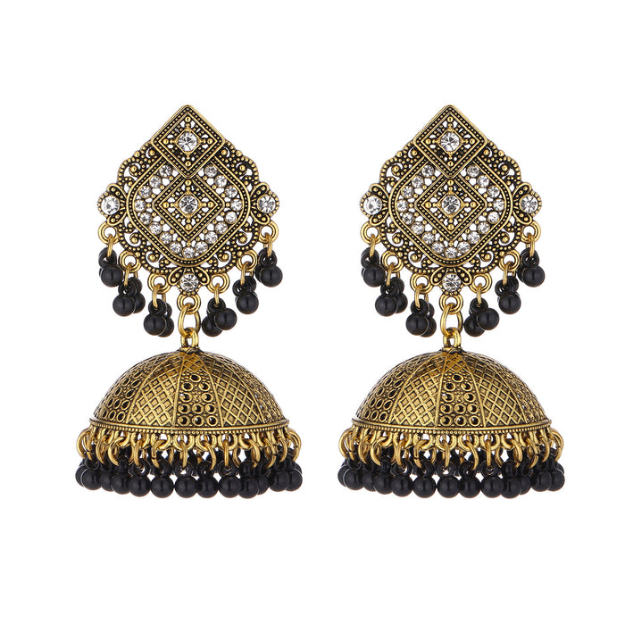 Wholesale vintage style pearl-studded rhinestone bell earrings with tassels