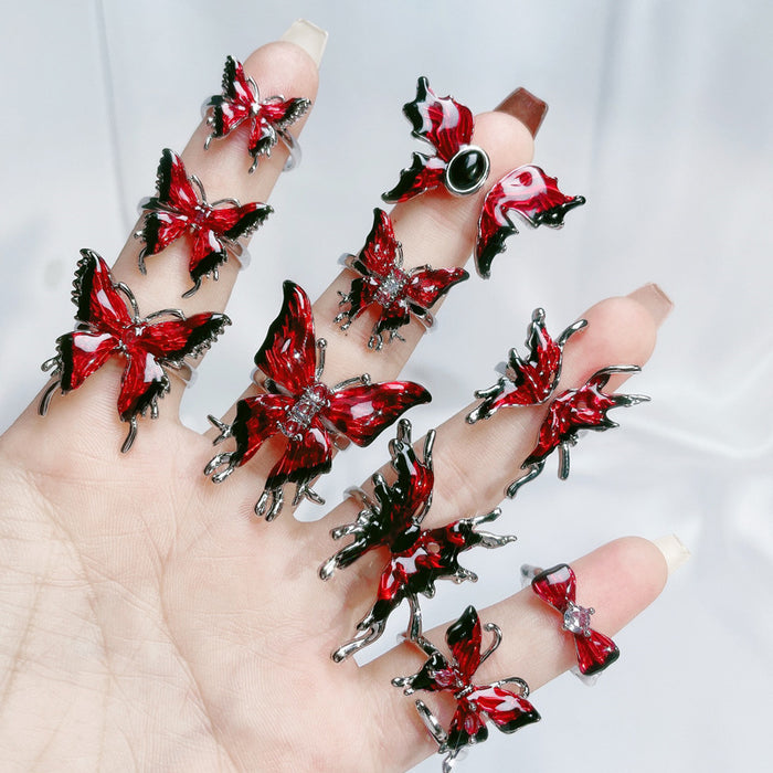 Wholesale Copper Red Enamel Drop Glaze Butterfly Open Ring For Women Stylish Geometric Design Jewelry Accessory Boutique Gift