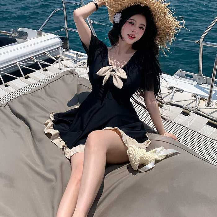 Wholesale Women's one-piece short sleeved swimsuit, bow tie, hot spring bath swimsuit