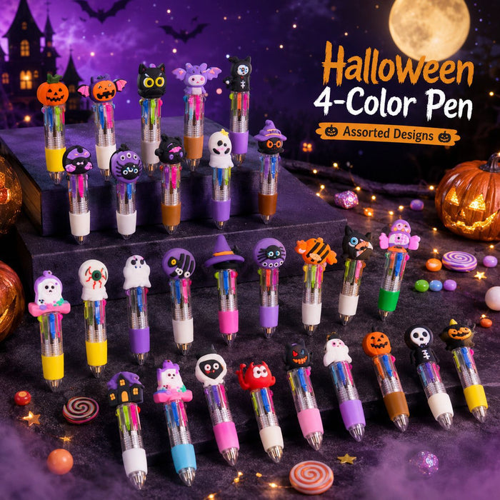 Wholesale Four-Color Ballpoint Pens Soft Rubber Cap  Pumpkin/ Skull/ Bat Designs