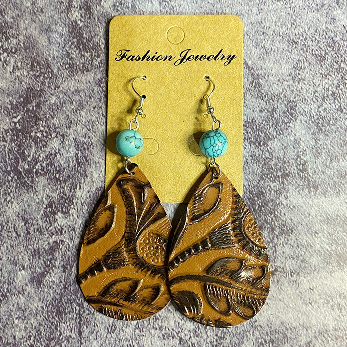 Wholesale Retro Leather Earrings Western Europe Long Water Drop Turquoise ing Horse Hair Earrings