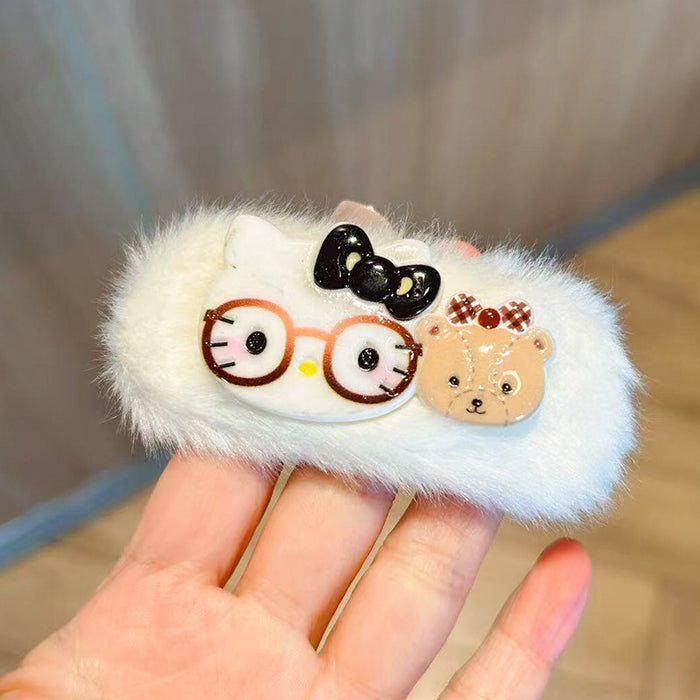 Wholesale Cute and able plush hair clip featuring a cat wearing glasses.