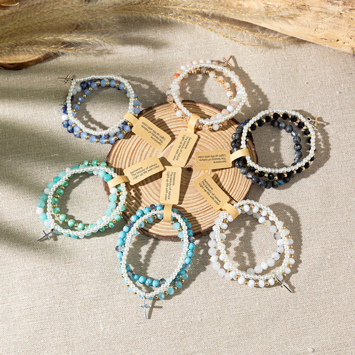 Wholesale Bohemian Color Stone Bracelet Cross Pendant Multi-Layer Stacked Bracelet