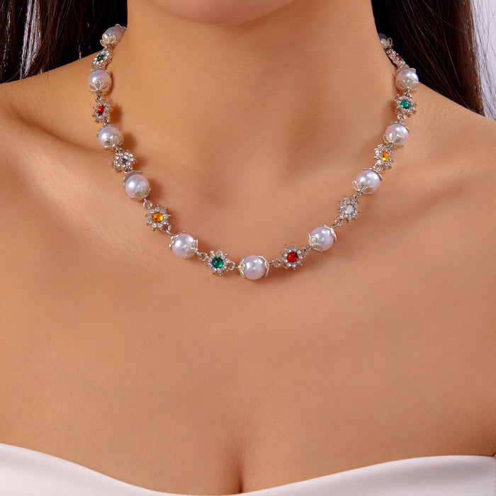 Wholesale niche diamond pearl ing necklace female design sense pearl colored diamond flower necklace