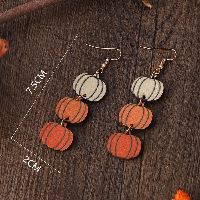 Wholesale Thanksgiving Three Color Pumpkin Triple Pendant Earrings Wooden Double-Sided Earrings Party Gift for Women