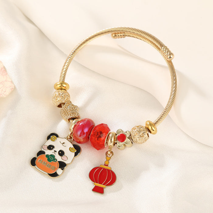 Wholesale Stainless Steel Cartoon Panda Bracelet with Red Lantern Pendant MOQ≥2