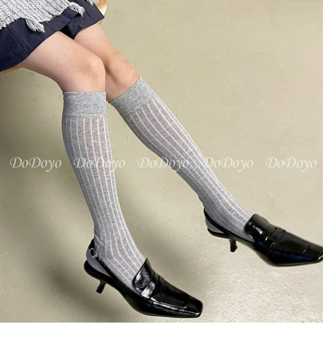 Wholesale Grey socks, calf socks, vertical stripes, runway style, knitted long tube, stacked cotton socks