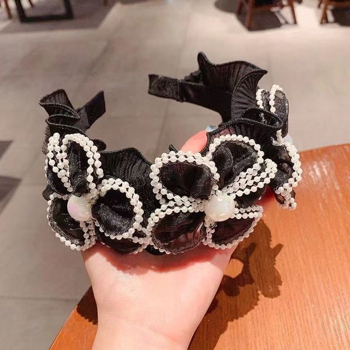 Wholesale Pearl crystal lace, large flower, wide headband, pleated lace, hairpin