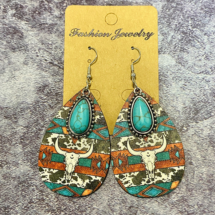 Wholesale Wooden earrings with vintage Aztec pattern water droplet earrings and classic patchwork earrings