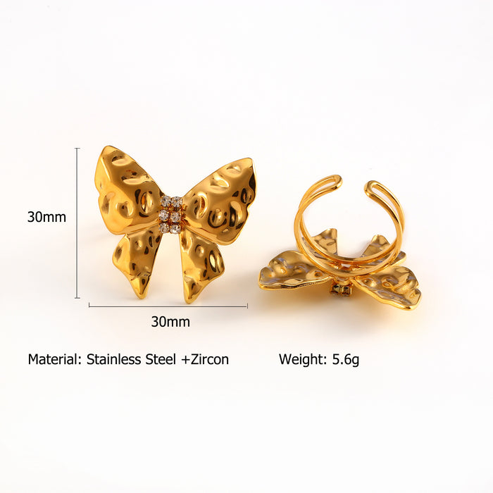 Wholesale Popular and versatile stainless steel butterfly patterned zircon earrings with light luxury and high-end feel, earring ring set