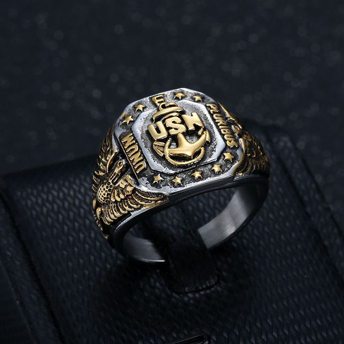 Wholesale Titanium Steel Gold Plated US Navy USN Anchor Eagle Men's Ring JDC-RS-HongX020