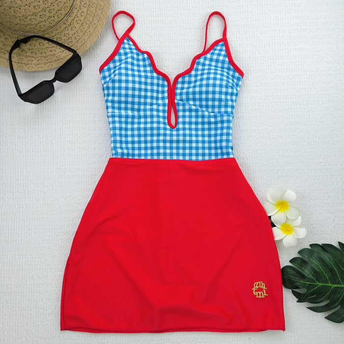 Wholesale Single piece checkered triangular swimsuit for women, embroidered red dress, vacation hot spring