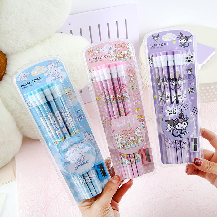 Wholesale HB pencil writing pen round rod 12pcs with pencil sharpener