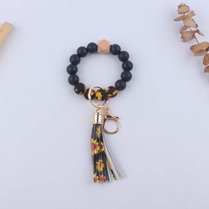 Wholesale Silicone Leather PU Short Tassel DIY Leopard Beaded Bracelet Keychains JDC-KC-GuangTian046