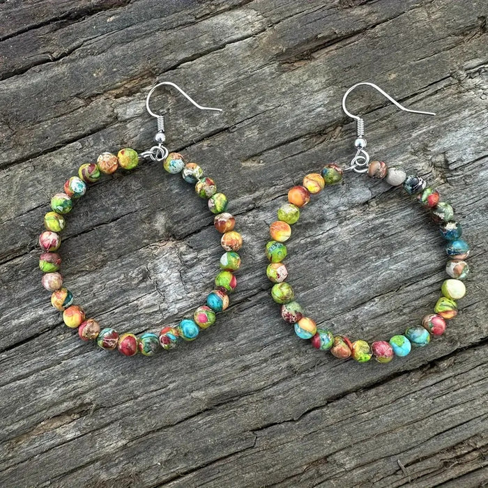 Wholesale Retro fashion hollow round bead earrings with colorful emperor stone beads