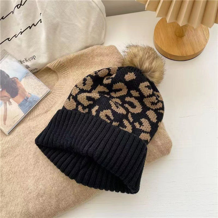 Wholesale Leopard Print Curled Wool Ball Knitted Hat Women' s Hat Outdoor Warm Thickened Men' s Woolen Hat Trend