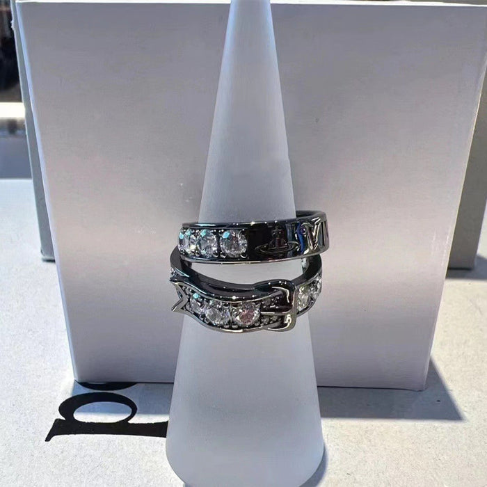 Wholesale Saturn double-layer belt buckle diamond inlaid ring, high-end retro ring