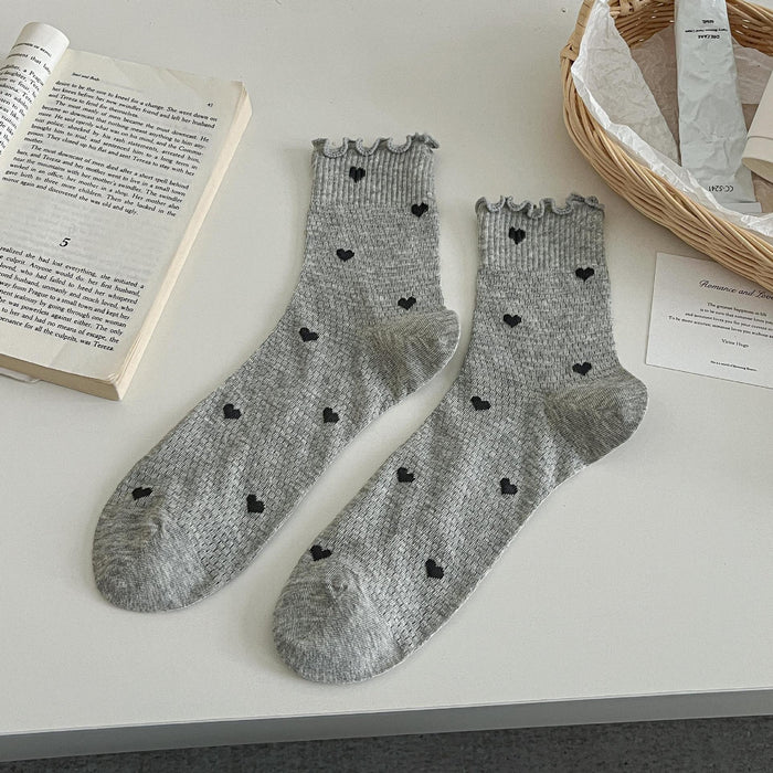 Wholesale New product: Ear fungus edge socks, mid tube socks, cotton socks, thin mesh, hollowed out lace, heart-shaped style, stacked socks