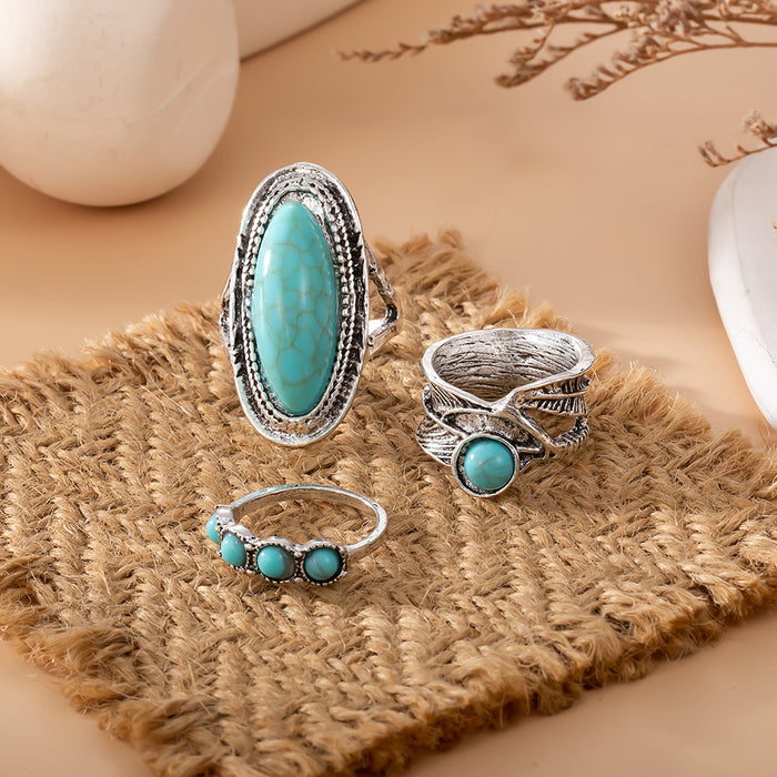 Wholesale retro bohemian feather large turquoise ring set