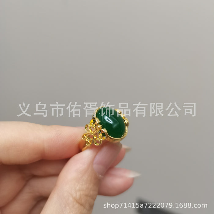 Wholesale New Grandmother Imitation Green Jadeite Ring with Temperament and Opening Imitation Red Green Agate Colored Women's Ring