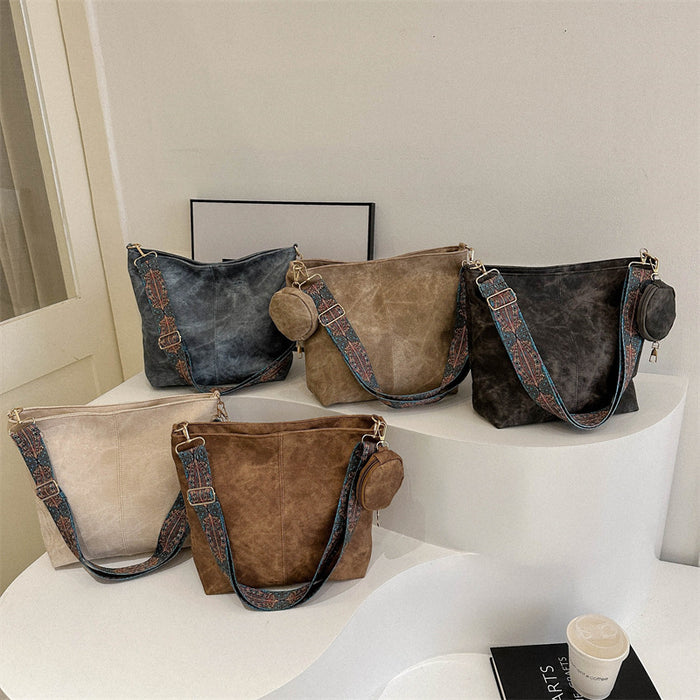 Wholesale Vintage Khaki PU Bucket Bag Large Street Trend Shoulder Crossbody Handbag