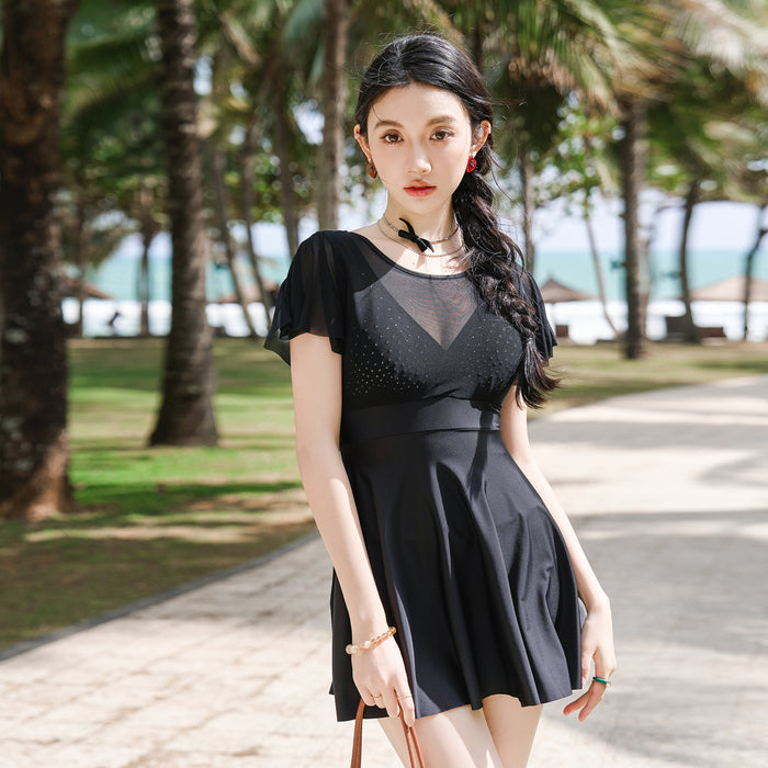 Wholesale New black skirt style one-piece swimsuit, plus size, conservative and high-end, covering the belly and slimming, hot spring swimsuit