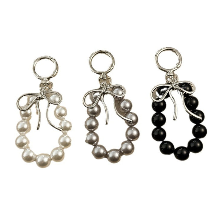 Wholesale Keychain Pendant Metal Shaped Bow Pearl Beaded Mobile Phone Hanging Accessories