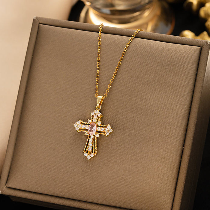 Wholesale Titanium Steel Cross Pendant Necklace Gold Color Zirconium Fashion Accessory MOQ≥2